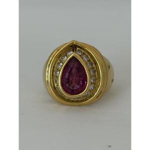 7912 - Wide Yellow Gold Ring With Pink Tourmaline And Diamonds