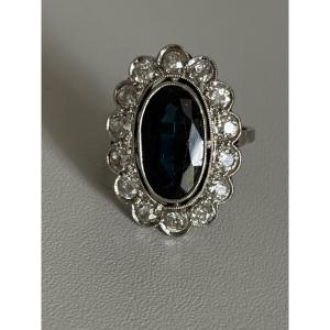 7780- Bague Ancienne Platine Saphir 4,00 ct Diamants