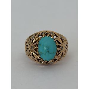 7788 - Vintage Rose Gold Dome Ring With Turquoise And Diamonds