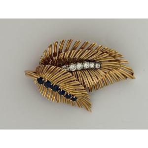 7807- Broche Feuillage Vintage Or Jaune Saphirs Diamants