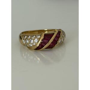 7823- Bague Jonc Vintage Or Jaune Diamants Rubis