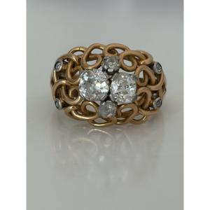 7824- Bague Vintage Or Jaune Platine Diamants
