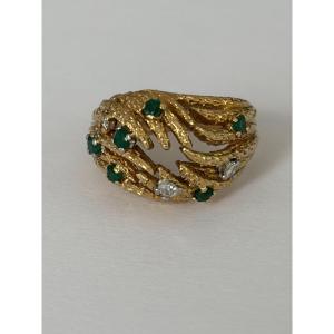7826- Bague Vintage Or Jaune Emeraudes Diamants