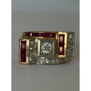 7833- Bague Tank Or Rose Platine Diamants Rubis