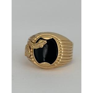 7948- Bague Chevalière Serpent Or Jaune Onyx