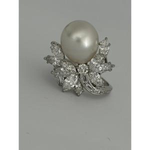 7954- Bague Vintage Platine Importante Perle Mers du Sud Diamants 2,00 ct