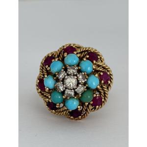 7955- Bague Fleur Vintage Or Jaune Platine Diamants Rubis Turquoises