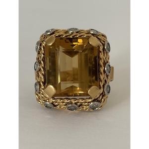 7963 - Vintage Yellow Gold And Platinum Ring With Citrine (10.00 Ct) And Diamonds