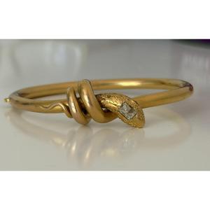 7971 - Yellow Gold Snake-motif Rigid Bangle With Diamonds And Rubies