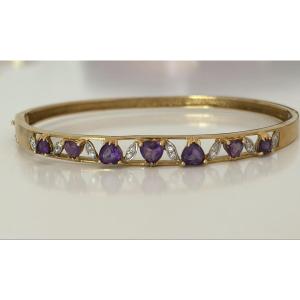 7977- Bracelet Jonc Ouvrant Vintage Or Jaune et Gris Améthystes Diamants