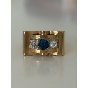 7980 - Tank Ring In Yellow Gold, Platinum, Sapphire, And Diamonds