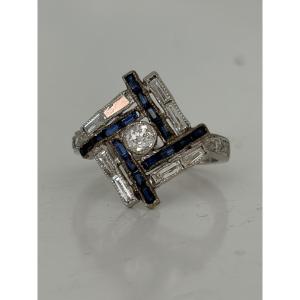 7992 - Vintage White Gold Ring With Diamonds And Sapphires