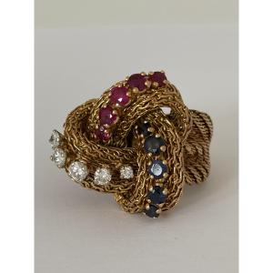 8054 - "knot" Ring In Twisted Yellow Gold With Gemstones