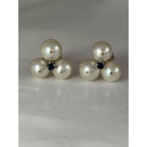 8065- Boucles d'Oreilles Vintage Or Gris Perles Saphirs