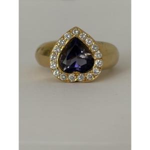 8073- Bague Vintage Or Jaune Améthyste Cœur Diamants