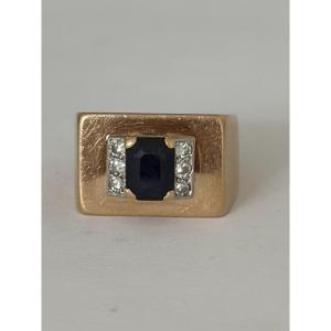 8084- Bague Tank Or Jaune Saphir Diamants