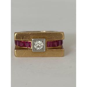 8085- Bague Tank Or Jaune Diamant Pierres Rouges
