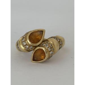 8126- Bague Toi & Moi Vintage Or Jaune Citrines Diamants