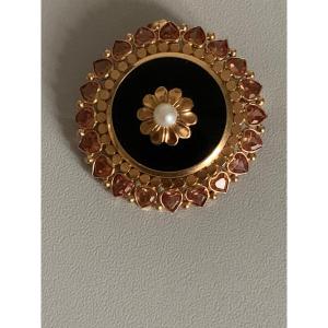 2700 - Vintage Yellow Gold Brooch With Onyx, Pearl, And Citrine