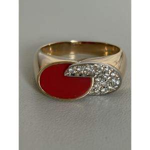 7680- Bague Vintage Or Jaune Corail Diamants