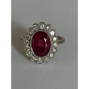 7690- Bague Vintage Or Gris Rubis Diamants