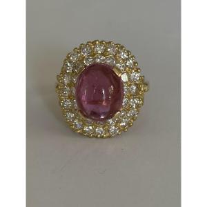 7763 - Vintage Yellow Gold Dome Ring With Tourmaline And Diamonds