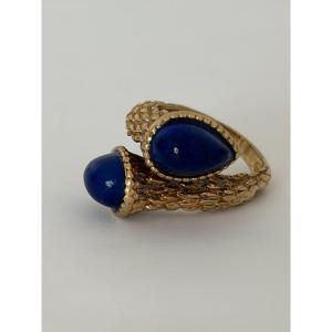 7908- Bague Croisée Vintage Or Jaune Lapis Lazuli