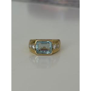 7935- Bague Jonc Or Jaune Aigue-Marine Diamants