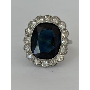 7937- Bague Pompadour Ancienne Platine Saphir Diamants