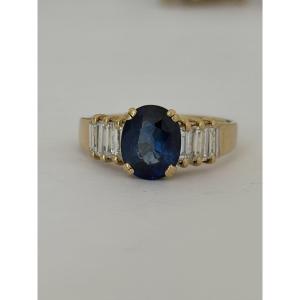 7940- Bague Or Jaune Saphir Diamants Baguette