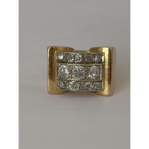 8001 - Yellow And Gray Gold Tank Ring With Diamonds