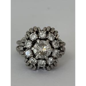 8014- Bague Fleur Ancienne Or Gris Platine Diamants