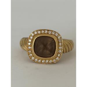 8100- Bague Vintage Or Jaune Quartz Fumé Diamants
