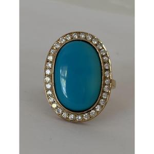 8155 - Vintage Yellow Gold Ring With Turquoise And Diamonds
