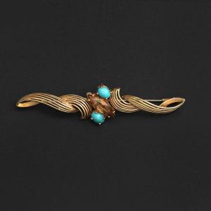 2182 – Yellow Gold Brooch Turquoises Yellow Stone