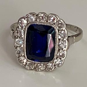 2795 – Bague Or Gris Pierre Bleue Diamants