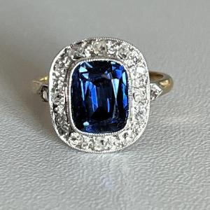 3323 – Bague Or Gris Platine Pierre Bleue Diamants