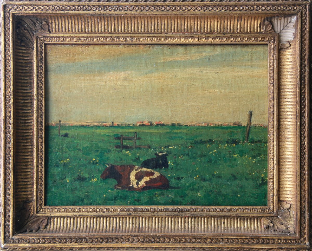 Huile sur panneau, paysage rural de l'École de La Haye -photo-2