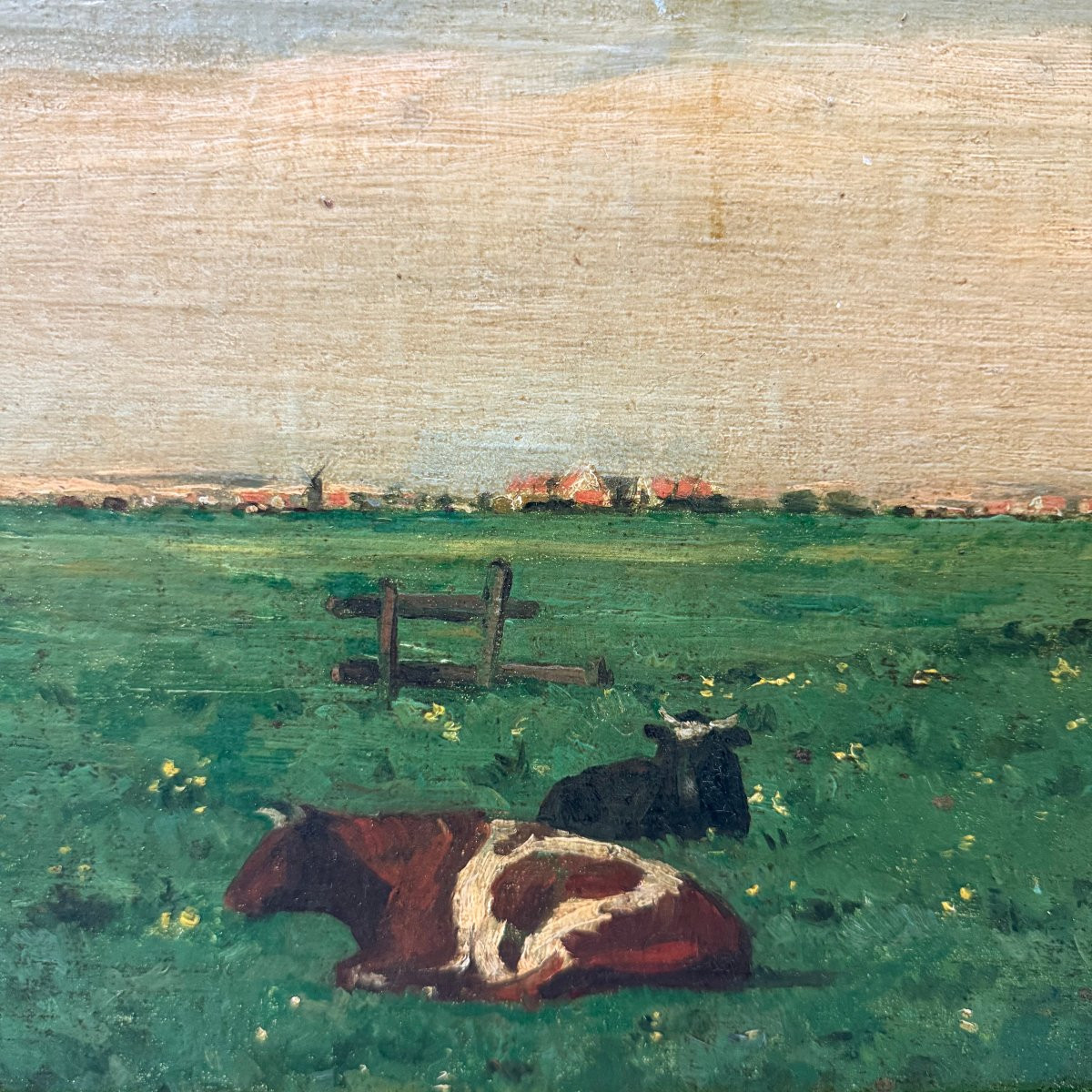 Huile sur panneau, paysage rural de l'École de La Haye -photo-3