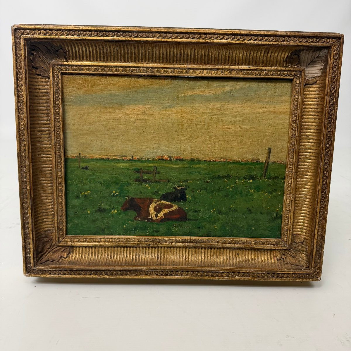 Huile sur panneau, paysage rural de l'École de La Haye -photo-2