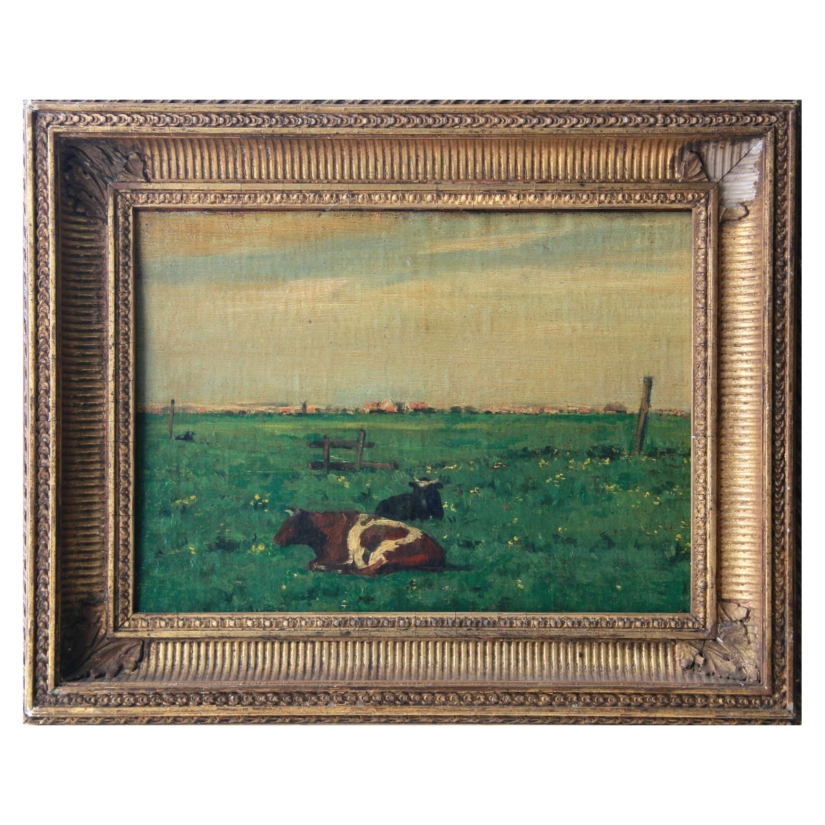 Huile sur panneau, paysage rural de l'École de La Haye 