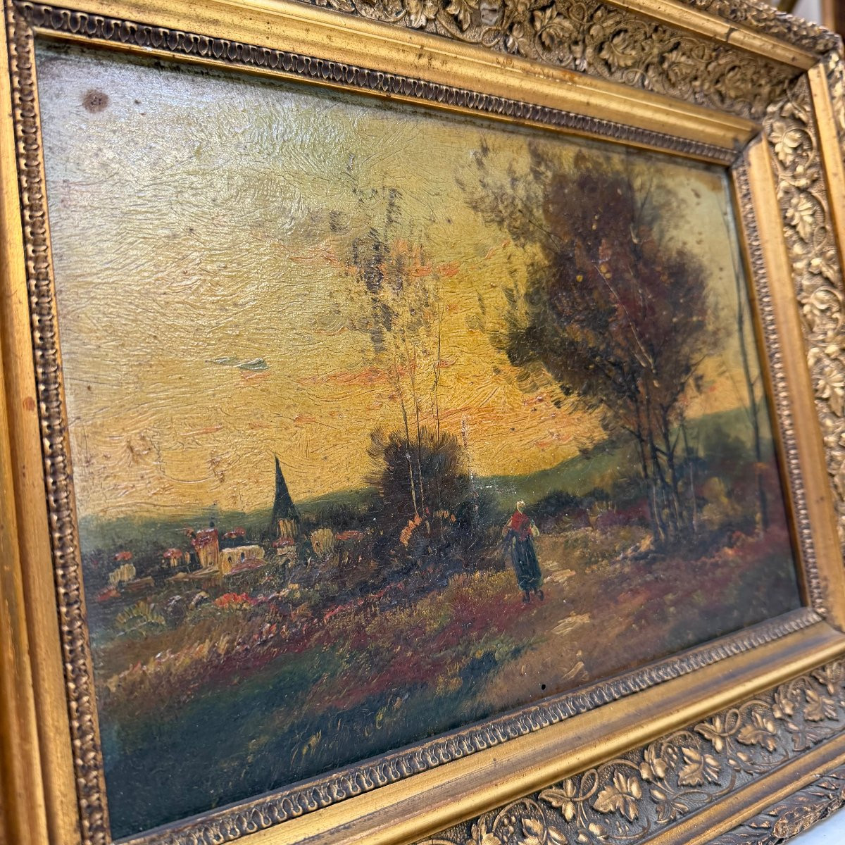 Huile sur toile représentant un paysage rural-photo-3