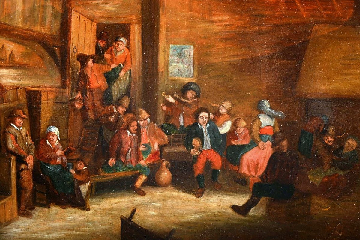 Huile sur panneau, scène de taverne, école flamande du XVIIe siècle    -photo-2