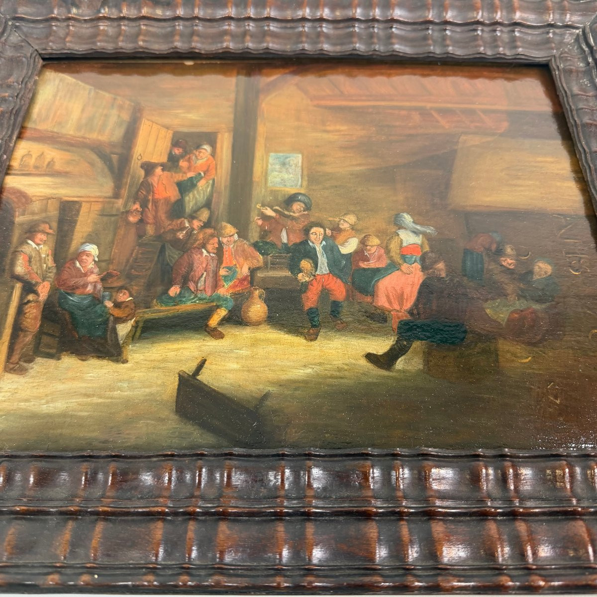 Huile sur panneau, scène de taverne, école flamande du XVIIe siècle    -photo-1