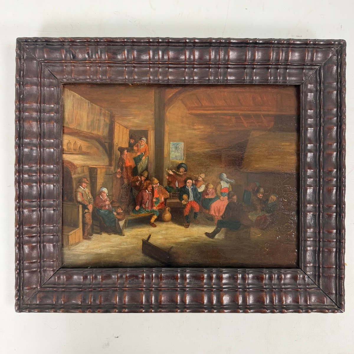 Huile sur panneau, scène de taverne, école flamande du XVIIe siècle    