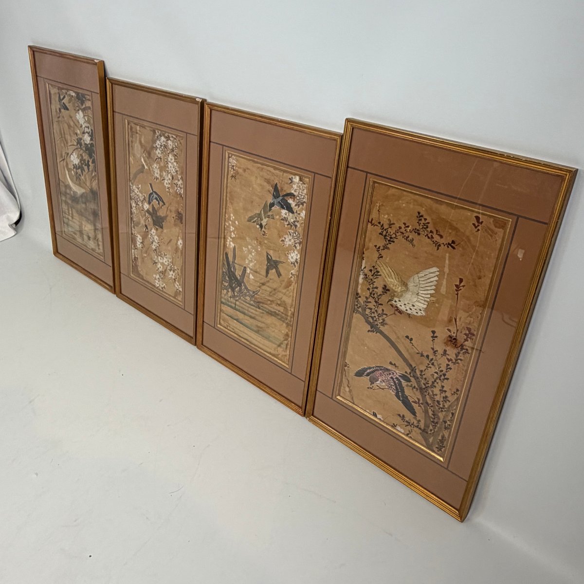  Ensemble de 4 broderies Huaniao sur soie 