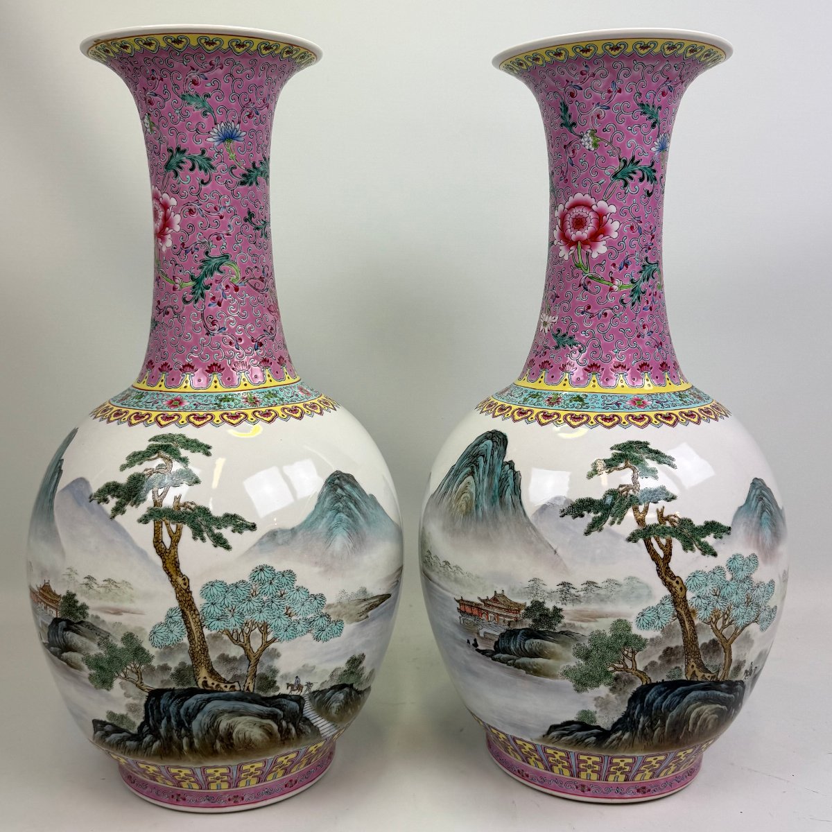 A Pair Of Chinese Famille Rose Vases ‘riverscape’ Vases With Qianlong Mark-photo-2