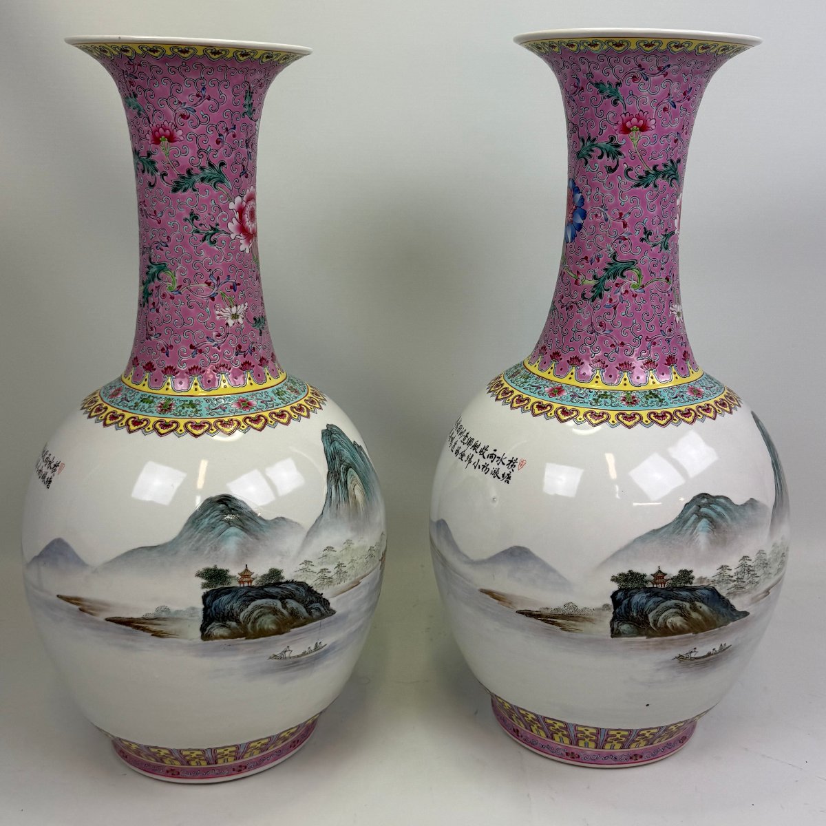 A Pair Of Chinese Famille Rose Vases ‘riverscape’ Vases With Qianlong Mark-photo-4