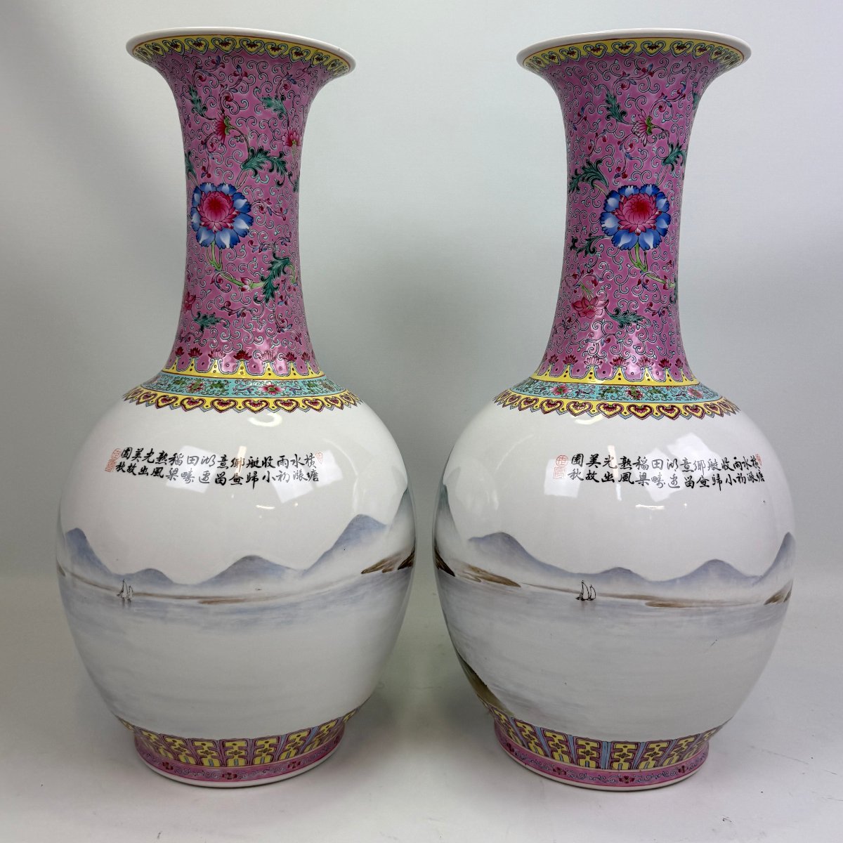 A Pair Of Chinese Famille Rose Vases ‘riverscape’ Vases With Qianlong Mark-photo-7