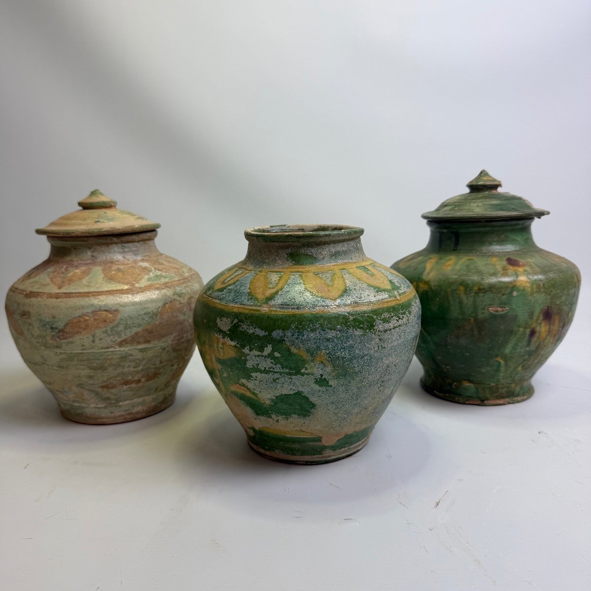 Three Antique Chinese Pottery Jars With Sancai Glaze 